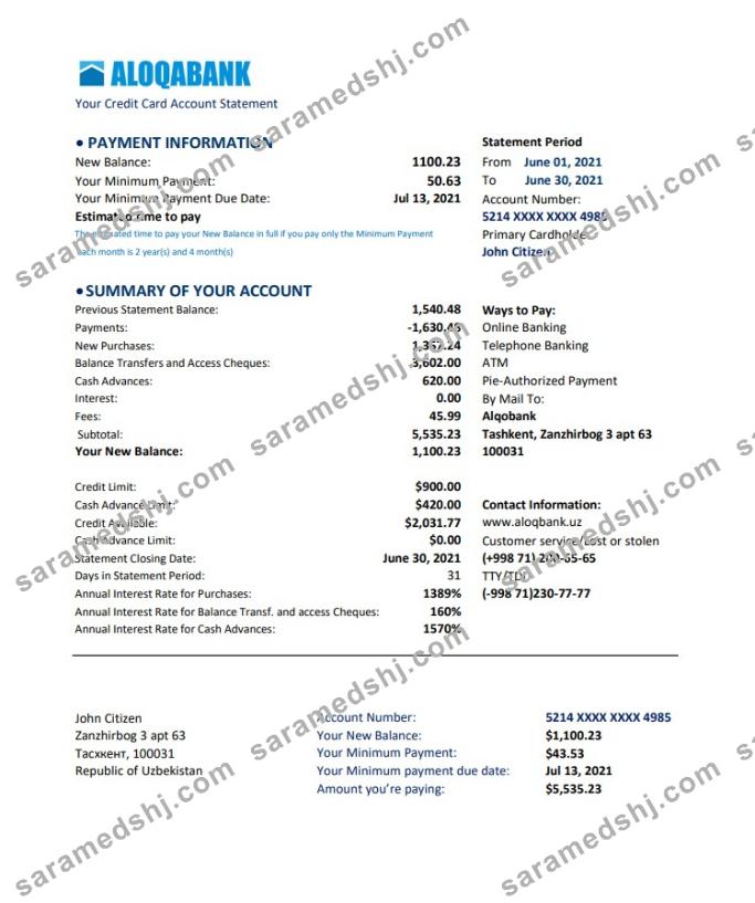 Uzbekistan Aloqabank excel pdf